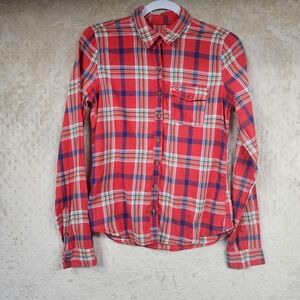 Hollister Women's Button Down Red and Blue Pocket Plaid Shirt Size M Y2K